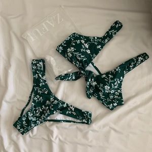 Zaful Floral Knotted Low Rise Bikini Green S